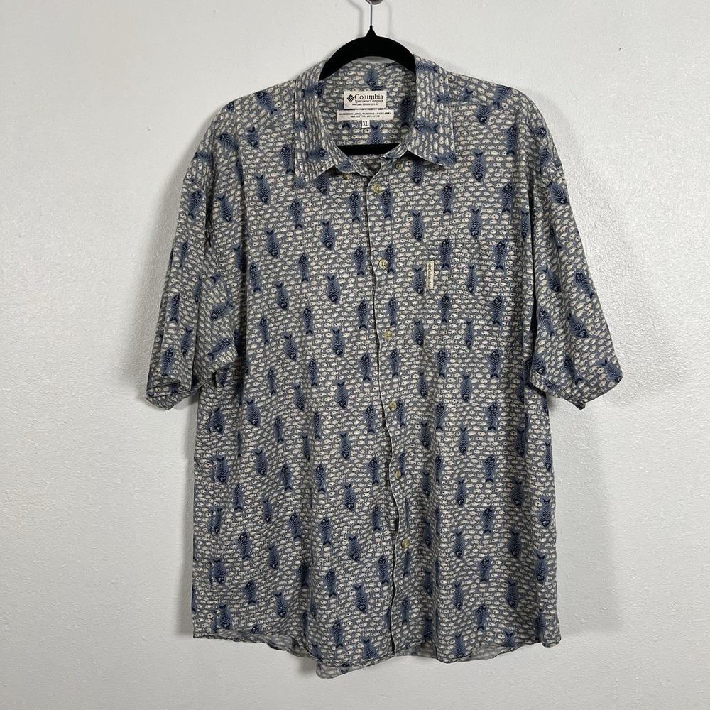 Columbia Sportswear Fish Bone Print Button Up Shirt Mens XL Blue‎ Cotton Casual